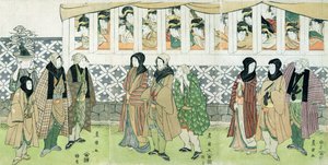 Acteurs wandelen door Utagawa Toyokuni
